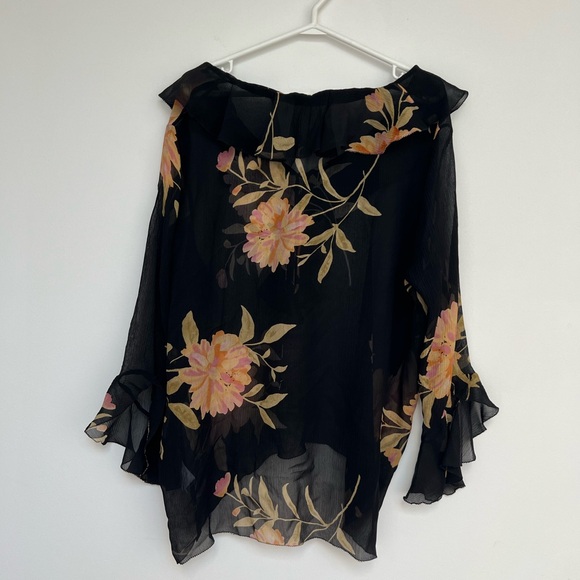 Polo Ralph Lauren (S) 100% Silk Floral Ruffle Sheer Black Work Career Blouse - Picture 9 of 12